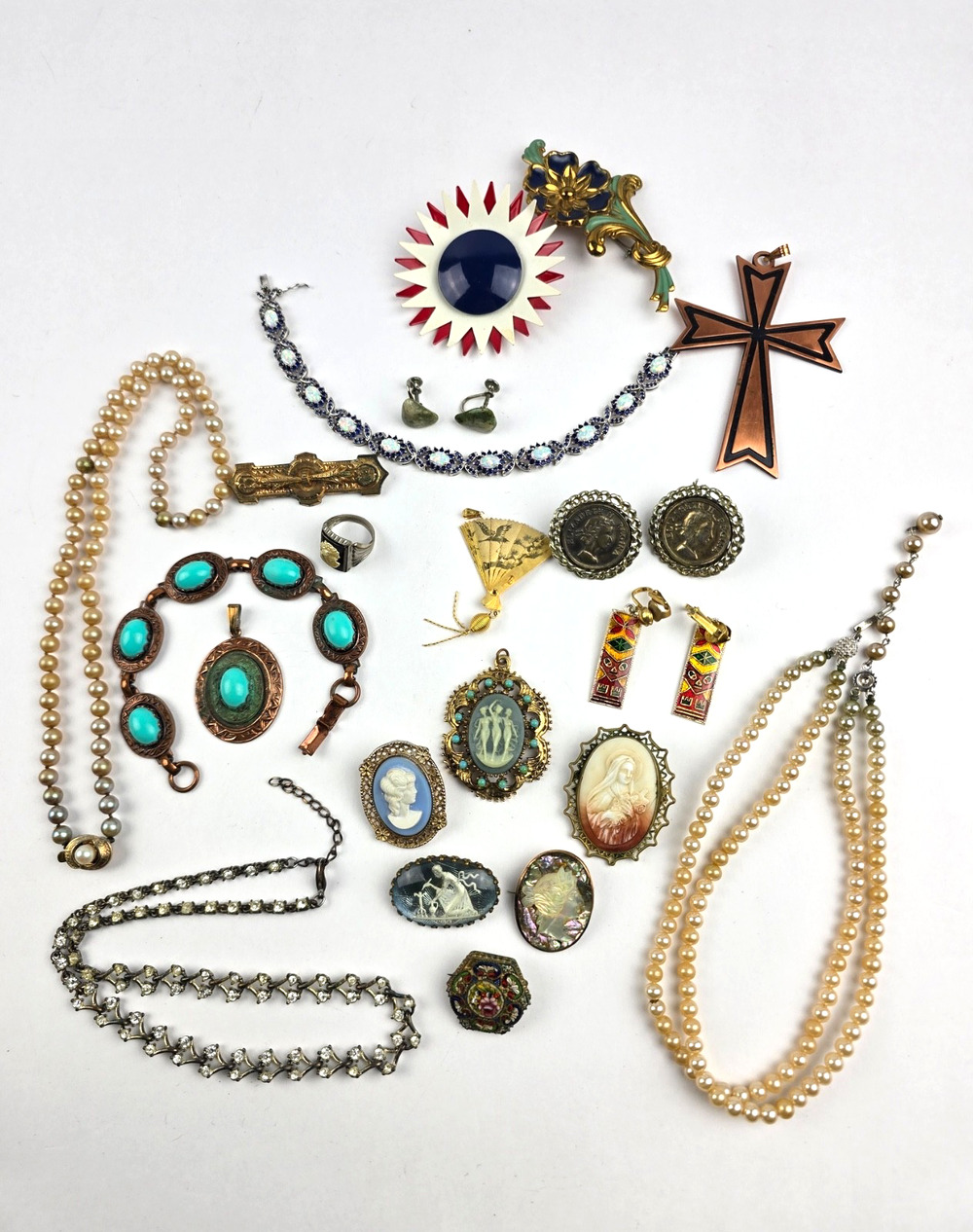 Vintage Costume Jewelry Cameo Brooch Necklace Earrings Bracelet lot